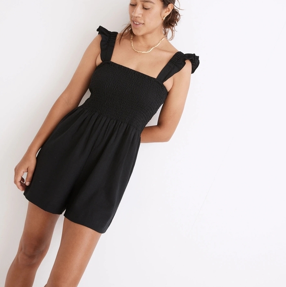 Madewell Linen-Blend Lucie Smocked Romper Black Size 8 NWT Summer Vacation - Picture 1 of 11
